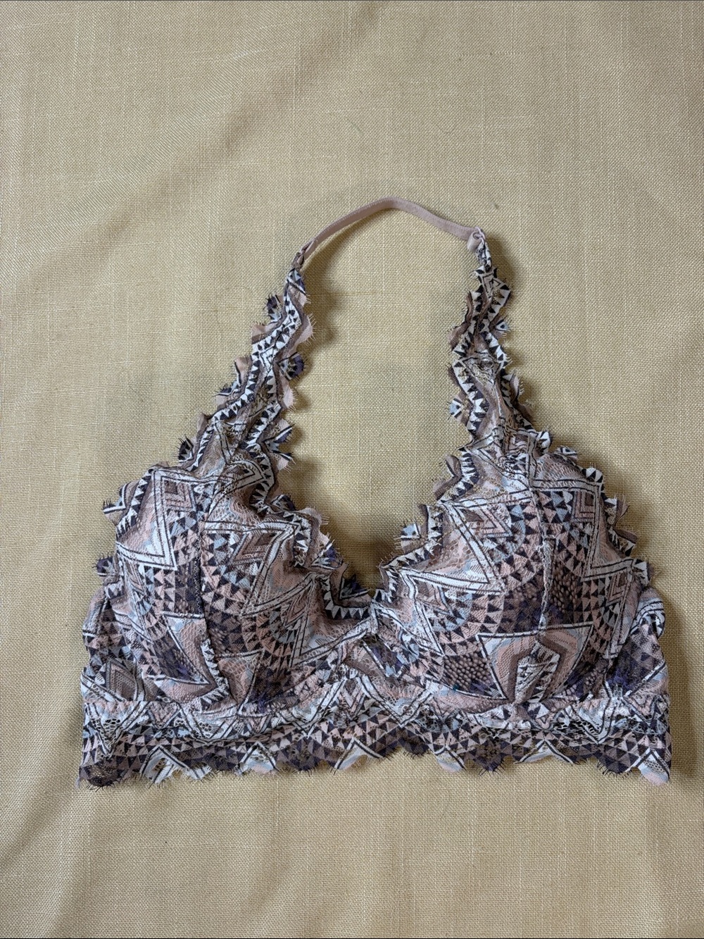 PINK Victoria's Secret Geometric Lace Halter Bralette in Neutral Blush and Taupe